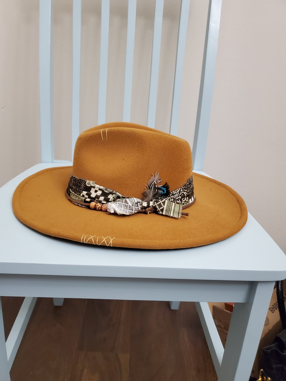 Boho Camel Feather Band Wide-Brim Fedora Hat